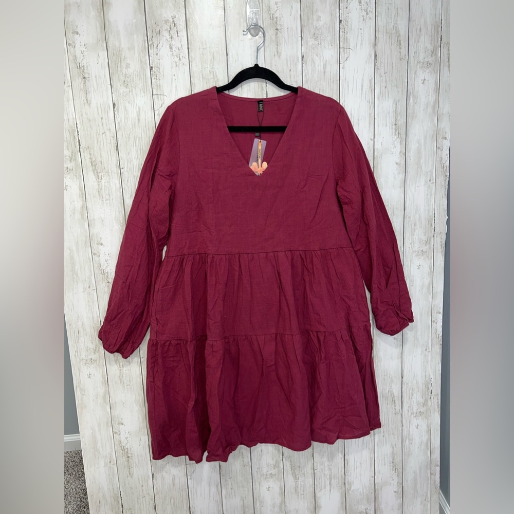 Amazon Long Sleeve Dress V Neck Red Maroon Size Large Pockets